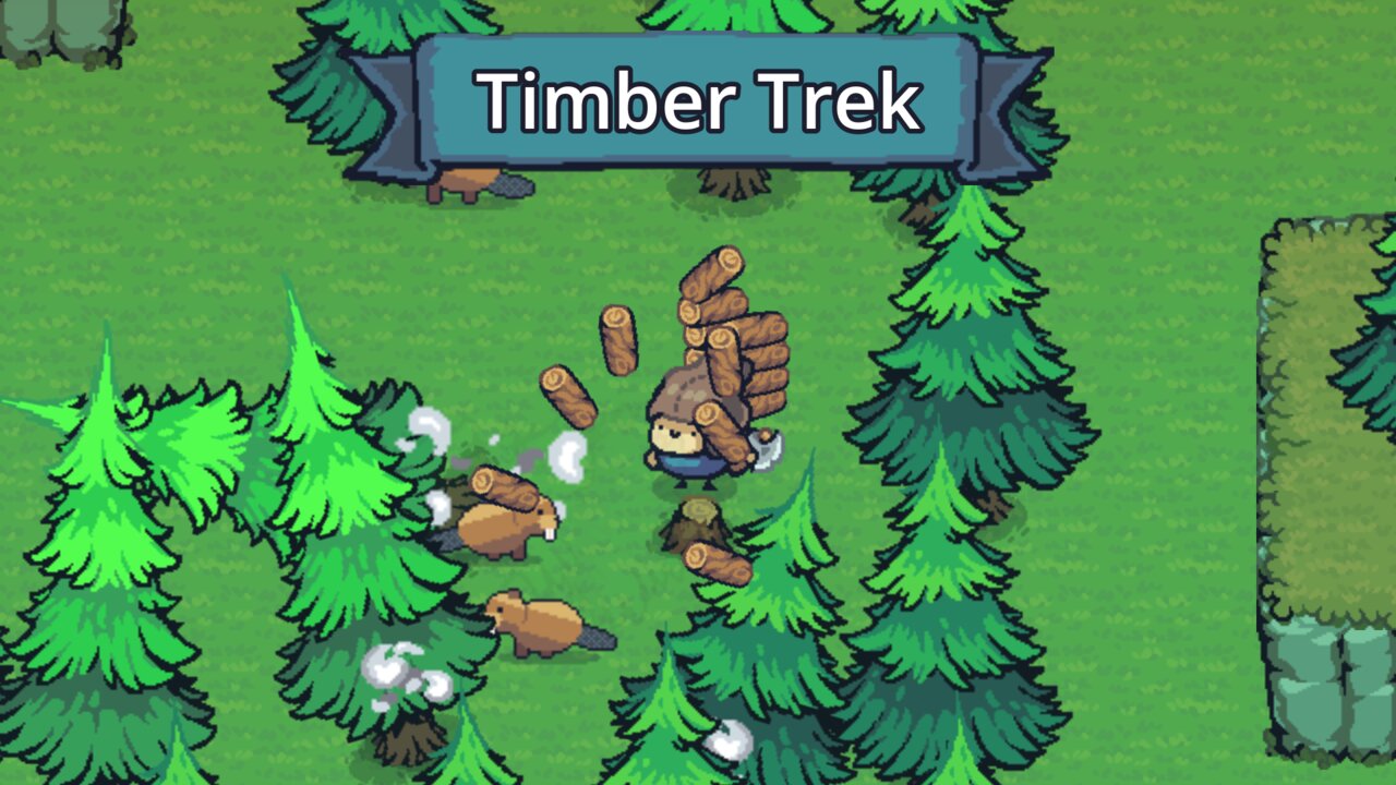 The lumberjack carrying a stack of logs through the forest, with beavers gnawing trees nearby